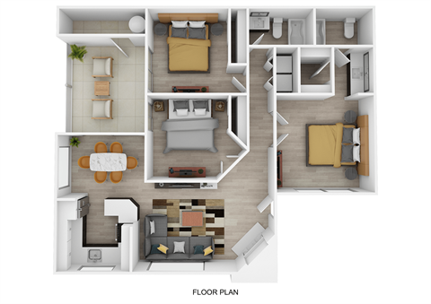 Floor plan for 3 beds, 2 baths, 1161 sqft